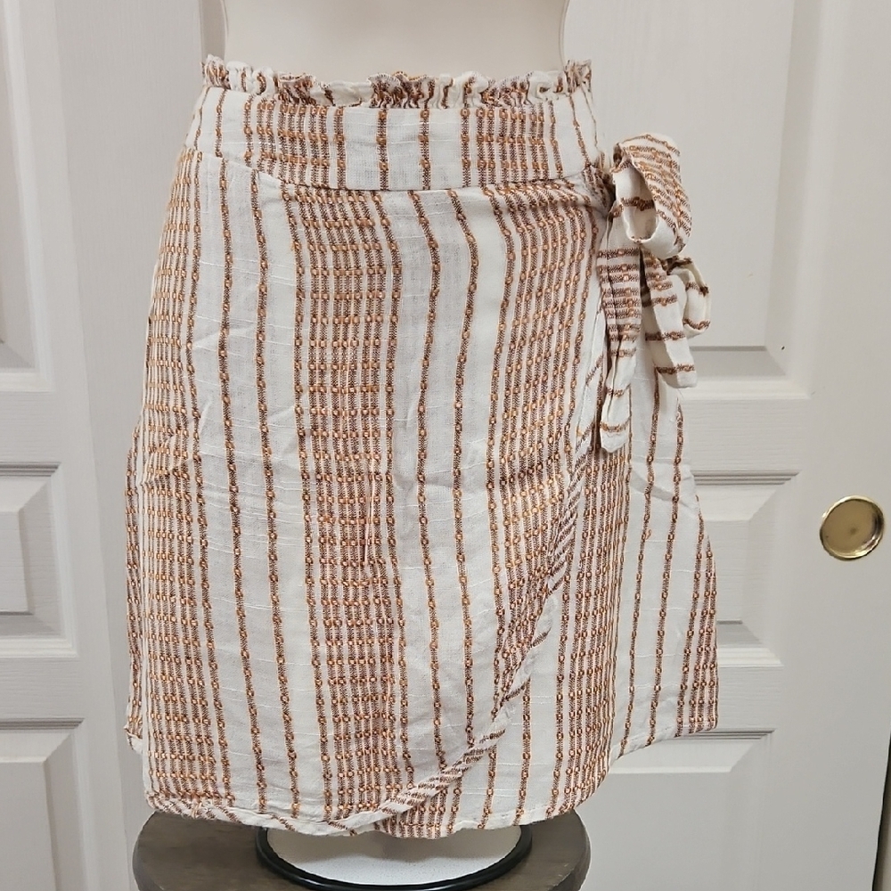Harper Heritage | Woven Stripe Foax Wrap Skirt - White Orange & Brown. Small